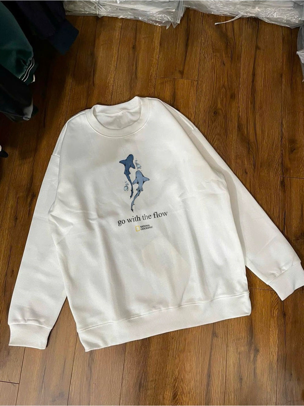 Gildan White Crewneck Sweatshirt with Blue Dolphin Graphic
